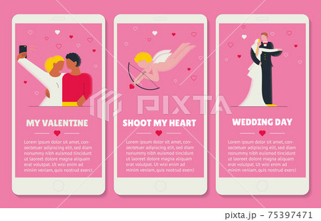 Collection of vector illustrations for Valentines day. Couple lovers flat design. Couple do selfie on smartphone. Baby Cupid shooting. Style set template for web app. Collection of vector illustrations for Valentines day. Couple lovers flat design. Couple do selfie on smartphone. Baby Cupid shooting. Style set template for web app. 75397471