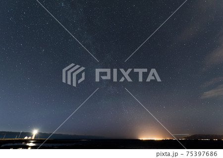 北欧アイスランドの冬期ゴロッタ(Grotta)灯台付近の公共通者上から観える満天の星と灯台とオーロラ 北欧アイスランドの冬期ゴロッタ(Grotta)灯台付近の公共通者上から観える満天の星と灯台とオーロラ 75397686