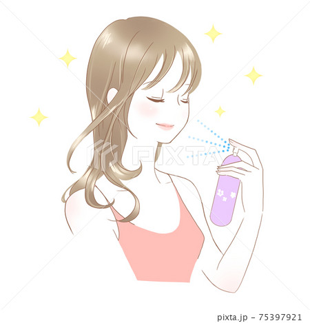 化粧水ミストをかける女性 ロングヘアピンク 化粧水ミストをかける女性 ロングヘアピンク 75397921