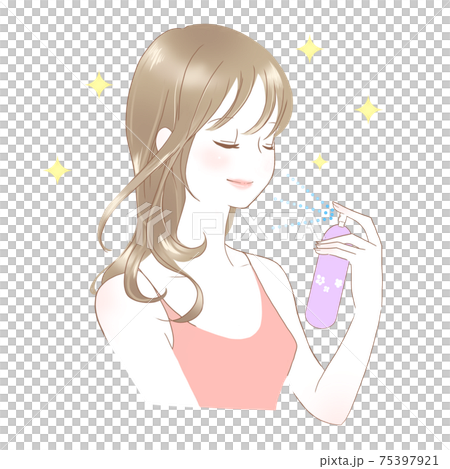 乳液霧的女人長長的頭髮粉紅色 75397921