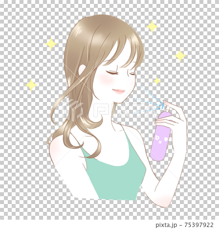 化粧水ミストをかける女性　ロングヘアミント 75397922