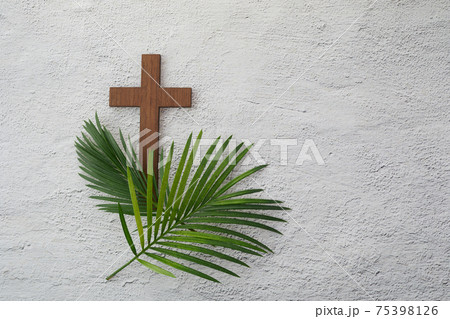 Palm sunday background. Cross and palm on grey background. Palm sunday background. Cross and palm on grey background. 75398126