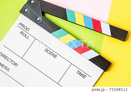 Clapperboard on colorful background Clapperboard on colorful background 75398512