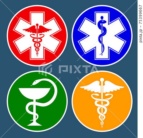 Set of medical international symbols decorated in a circle. Star of life, staff of Asclepius, caduceus, bowl with a snake. Isolated symbols on dark background. Vector illustration. Set of medical international symbols decorated in a circle. Star of life, staff of Asclepius, caduceus, bowl with a snake. Isolated symbols on dark background. Vector illustration. 75399667