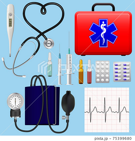 Set of medical instruments, instruments and preparations of a cardiologist. Medicine cardiology. Realistic detailed objects. Vector . 75399680