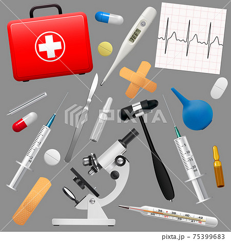Set of medical instruments and preparations. First Aid Kit and its contents. Medicine and health. Vector 75399683
