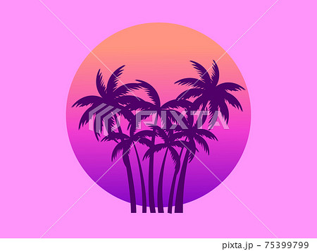 Palm trees against a gradient sun in the style of the 80s. Synthwave and retrowave style. Orange color. Design for advertising brochures, banners, posters, travel agencies. Vector illustration 75399799