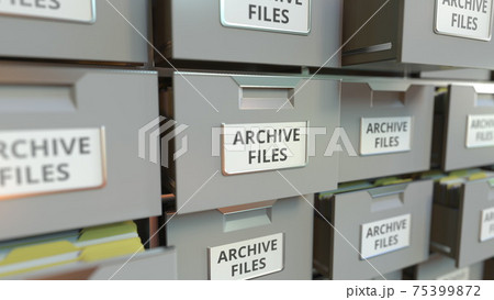 ARCHIVE FILES text on the drawers of a file cabinet, 3d rendering ARCHIVE FILES text on the drawers of a file cabinet, 3d rendering 75399872