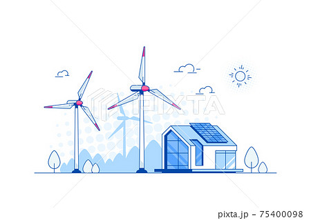 Modern House with Solar Panels and wind Turbines. Modern House with Solar Panels and wind Turbines. 75400098