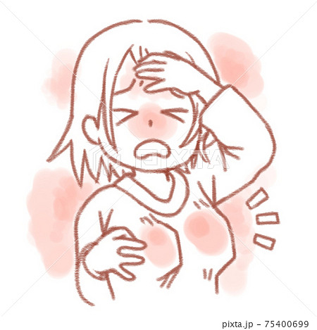 乳腺炎で乳房が腫れて発熱して苦しんでいる女性　 75400699