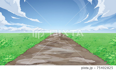 まっすぐな土の道と草原の風景イラスト_ぬかるみ_16:9 75402825