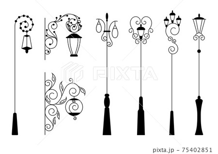 Street light, black silhouettes collection. Street retro road lamp set. Vintage light for aristocratic exterior. Vector decorative lamp posts 75402851