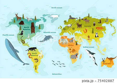World map with different animal. Funny cartoon banner for children with the continents, oceans and lot of funny animals. Materials for kids preschool education World map with different animal. Funny cartoon banner for children with the continents, oceans and lot of funny animals. Materials for kids preschool education 75402887