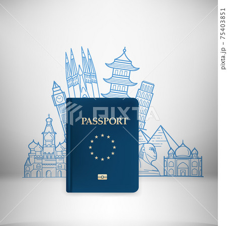 Travel illustration with blue passport. Vector illustration with famous monuments Travel illustration with blue passport. Vector illustration with famous monuments 75403851