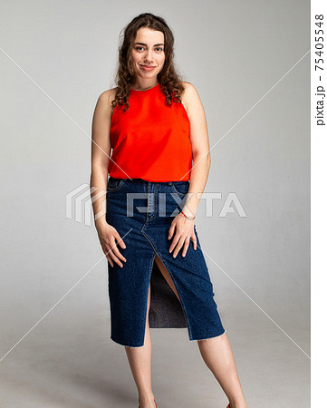 White european young woman isolated on gray White european young woman isolated on gray 75405548