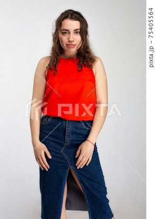 White european young woman isolated on gray 75405564