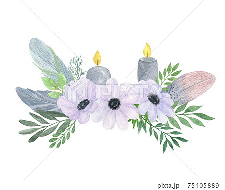 White anemone flowers, candles, green leaves decorative floral arrangement hand drawn vintage style watercolor illustration for greeting card, banner, wedding invitation accessories, Easter, birthday 75405889