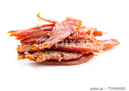 Dried chicken meat. Tasty jerky meat. Dried chicken meat. Tasty jerky meat. 75406085