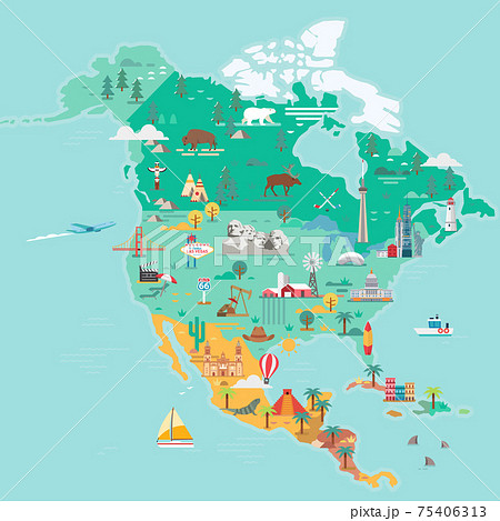 North America Map. Tourist and travel landmarks 75406313
