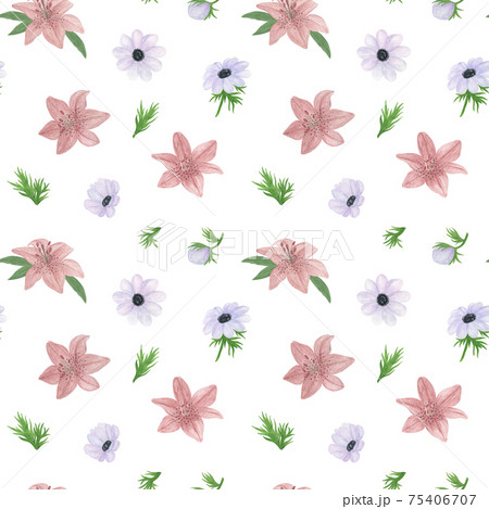 Lily flower of delicate dusky pink color, white anemones, leaves seamless pattern, hand drawn watercolor illustration simple drawing for St Valentine decor, greeting cards, gift paper, textile, fabric 75406707
