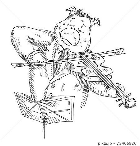 Pig play the violin. Vintage monochrome hatching illustration Pig play the violin. Vintage monochrome hatching illustration 75406926