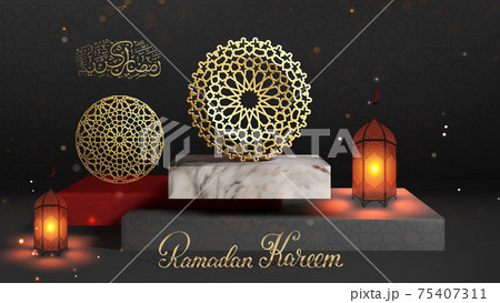Gold round islamic pattern on marble stage. 3d greeting card design for Ramadan Kereem. Vector islamic lantern design. Ramadan Kareem calligraphy.Cosmetical backgound for presentation. 75407311
