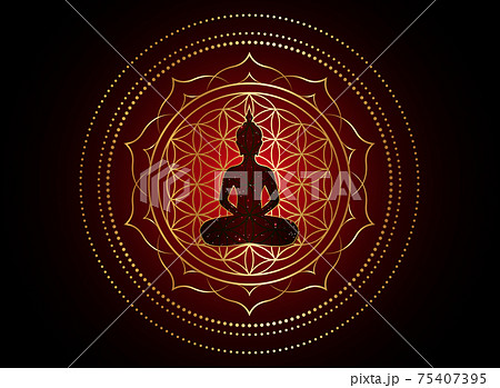 Chakra concept. Inner love, light and peace. Buddha silhouette in lotus position over gold ornate mandala lotus flower. Flower of Life, golden Yantra Mandala vector isolated on dark red background 75407395