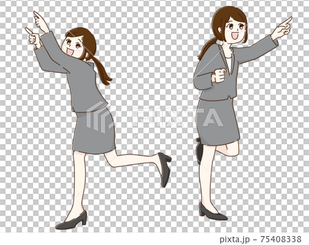 一組兩個女人用過度運動指著他們的手指 75408338