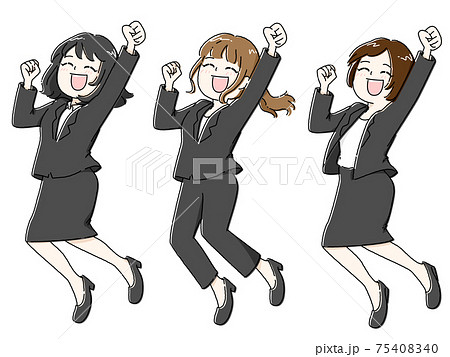 ジャンプして喜ぶ女性 3人セット色のイラスト素材
