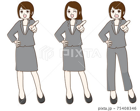 正面を指さす女性のイラスト　3パターンセット色 75408346
