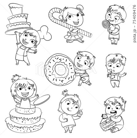 Cute toddler boy eating ice-cream. Boy soiled himself cake. Pastry chef brings sweetness. Pretty girl jump out of a large birthday cake. Funny cartoon character. Vector illustration. Coloring book 75409476