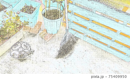 ガーデニング　イラスト風　ホウキ　掃除 75409950
