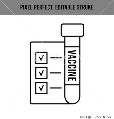 Approval on a sheet of paper icon for web design. Check mark vector icon. Outline symbol. List of approved vaccine, medicine, drug. Isolated on a white background. Editable stroke. Approval on a sheet of paper icon for web design. Check mark vector icon. Outline symbol. List of approved vaccine, medicine, drug. Isolated on a white background. Editable stroke. 75410155