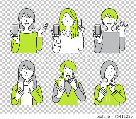 スマホを持って説明する大人の女性のシンプルイラストのイラスト素材