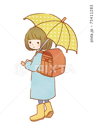 雨の日の通学傘をさした女の子のイラストのイラスト素材