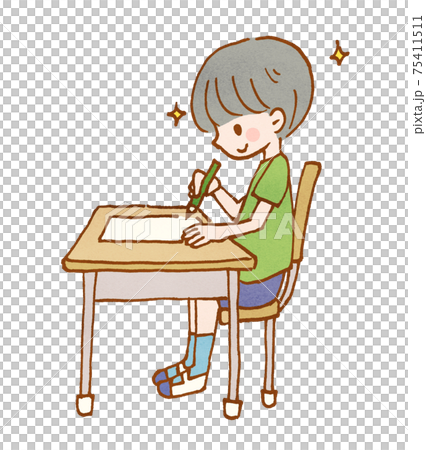 机に向かって勉強する男の子のイラストのイラスト素材