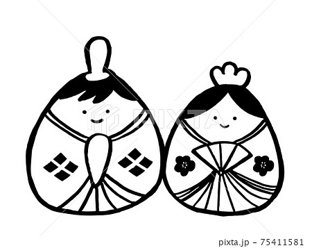 かわいいひな祭りのモノクロ塗り絵／手描きイラスト素材A 75411581