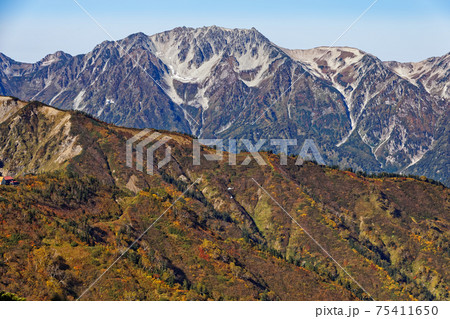 爺ヶ岳稜線から望む種池山荘と立山と荷揚げのヘリコプター 75411650