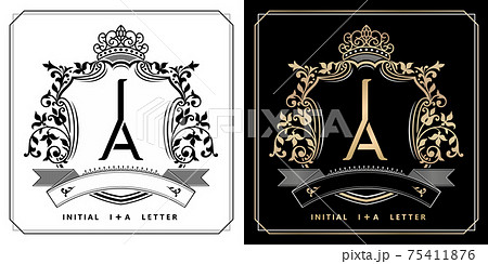 IA or AI royal emblem with crown, initial letter and graphic name Frames Border of floral designs with two variation colors, IA or AI Monogram, for insignia, initial letter frames, wedding couple name 75411876