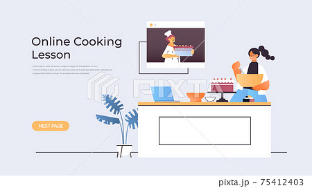 woman preparing cake while watching video tutorial with chef in web browser window online cooking lesson 75412403