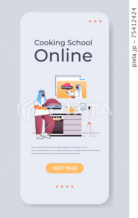 arab man preparing turkey and watching video tutorial with chef in web browser window online cooking school arab man preparing turkey and watching video tutorial with chef in web browser window online cooking school 75412424