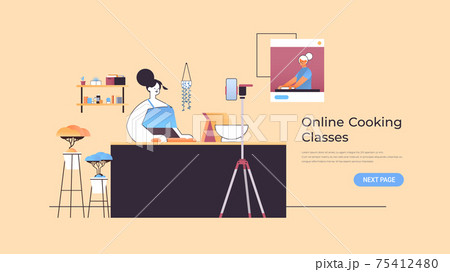 woman preparing dish while watching video tutorial with chef in web browser window online cooking lesson 75412480