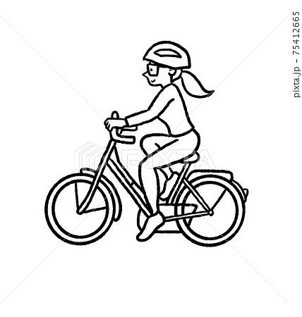 ロードバイクに乗る女性の線画イラストのイラスト素材
