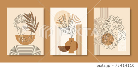 Set of Abstract Boho Illustration with Antique Statue, Geometric Shapes and Vases in a Minimal Trendy Style. Vector 75414110