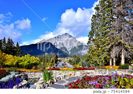 カスケードガーデンから見たカスケード山とバンフの街並み 75414594