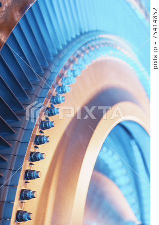 Turbine blades close-up view from inside, illuminated by energy light. 75414852
