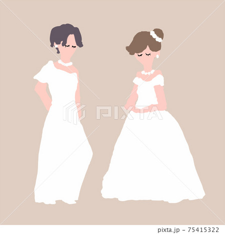 ウエディングドレスとパンツドレスの女性カップル二人のイラスト素材