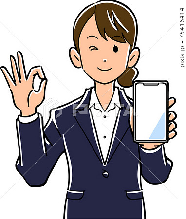 スマートフォンを手に持ちOKのサインを出すスーツ姿の女性 スマートフォンを手に持ちOKのサインを出すスーツ姿の女性 75416414