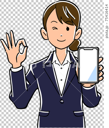 スマートフォンを手に持ちOKのサインを出すスーツ姿の女性 スマートフォンを手に持ちOKのサインを出すスーツ姿の女性 75416414
