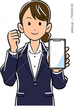 スマートフォンを手に持ちガッツポーズするスーツ姿の女性のイラスト素材